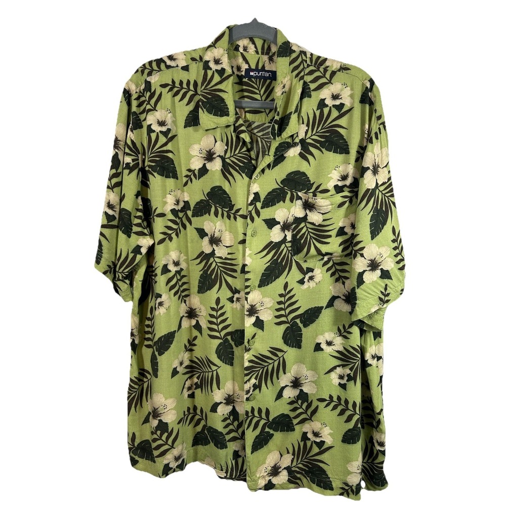 Puritan Mens XL Green Rayon Hawaiian Camp‎ Shirt Hibiscus Floral Tropical Resort